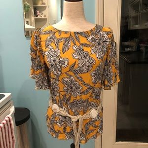 LOFT Short Flutter Sleeved Blouse Yellow Floral S